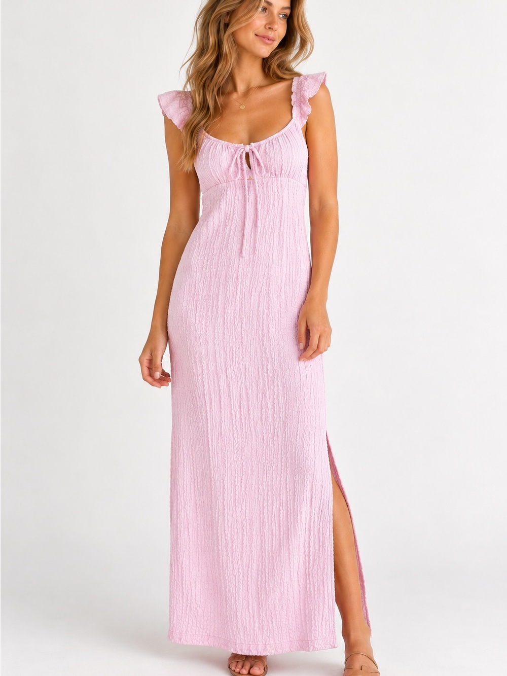 See You Monday Anthropologie Pink Crinkle Knit Maxi Dress L Side Slit Y2K